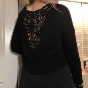⚡️F21 Y2K Long Sleeve Crop Top Open Back Lace Party Going Out Shirt Black Crop